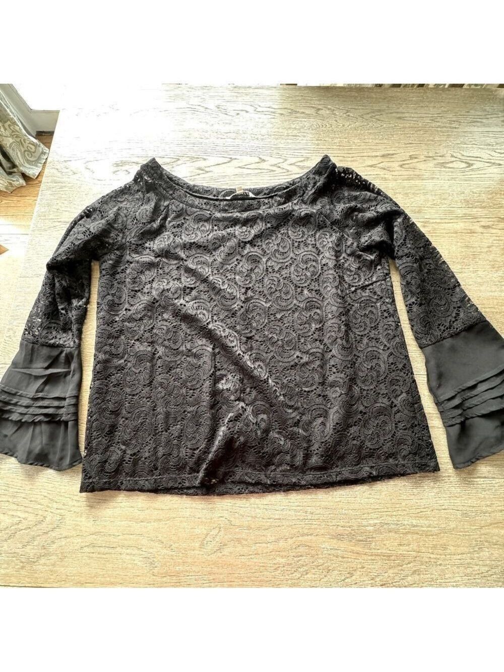 Rose and Olive Black lace with bell ruffle sleeves
